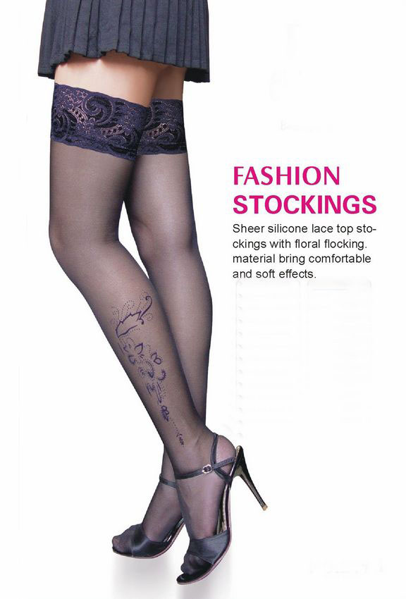 Lace Decorated Flower Printing Stockings